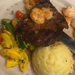 Steak and shrimp with melody veggies and mashed potatoes