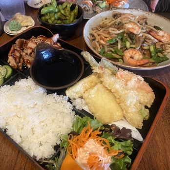 Mikuni - Combo Bento - teriyaki chicken and shrimp & vegetable tempura, musolino pasta, BMW roll, & freaky edamame - Japanese Near Me - Davis, California Mikuni - Combo Bento - teriyaki chicken and shrimp & vegetable tempura, musolino pasta, BMW roll, & freaky edamame - Japanese Near Me - Davis, California