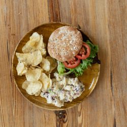 Swap Out The Swine - Swine Free BLT with kettle chips and Vegan potato salad