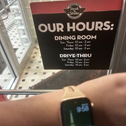 Supposed hours and the time we tried to walk into the dining room and were met with a locked door and told to go to the drive thru.