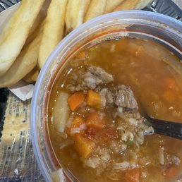 Beef veg soup with a side of fries! So delicious!