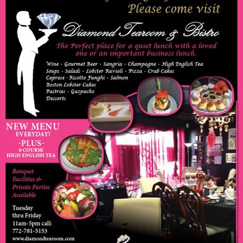 Diamond Tea Room & Bistro - Come for a fine glass of wine-Beer- Sangria-Bloody Mary-Champagne-Mamosa & our huge Lunch Menu or High English tea 6 courses - Tea Rooms Near Me - Stuart, Florida