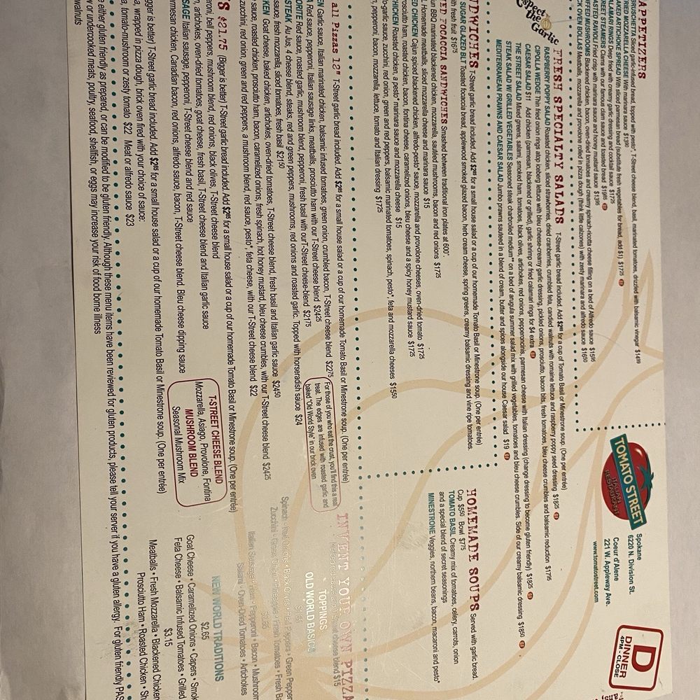 Tomato Street - Front of menu - Italian Near Me - Spokane, Washington Tomato Street - Front of menu - Italian Near Me - Spokane, Washington
