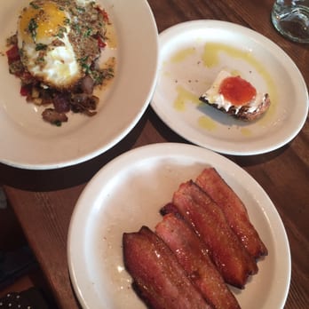 Gjelina - Bacon, goat and cow labneh on toast, and duck confit potato hash - New American Near Me - Venice, California Gjelina - Bacon, goat and cow labneh on toast, and duck confit potato hash - New American Near Me - Venice, California