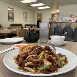 Generous serving of Mongolian Beef with Hot & Sour Soup and an egg roll...An amazing lunch! :)