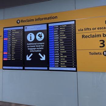 Heathrow Airport - Baggage claim info board to find which conveyor belt will have your luggage - Airports Near Me - Hounslow, XGL Heathrow Airport - Baggage claim info board to find which conveyor belt will have your luggage - Airports Near Me - Hounslow, XGL