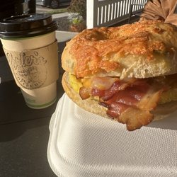 Porters Coffee House and Bakery - Egg, cheese and bacon on a jalapeño cheddar bagel