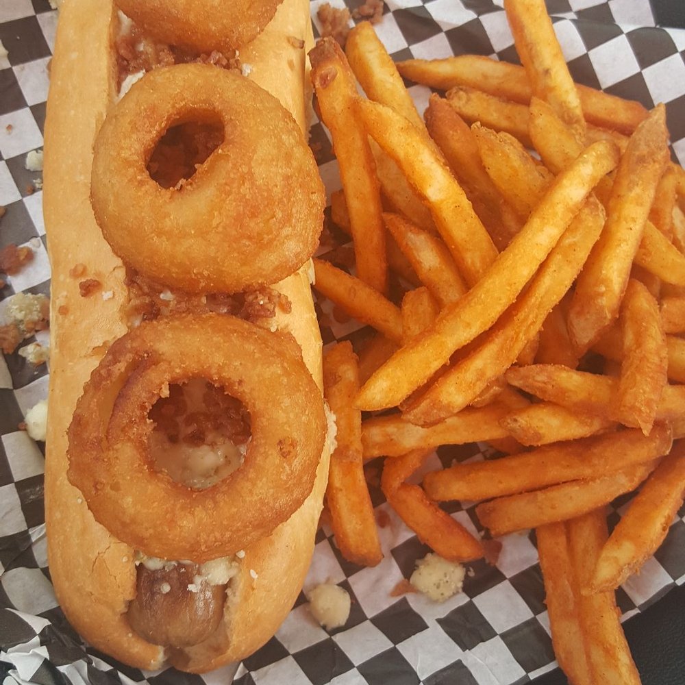 Moe Moons - All need dog with blue cheese, bacon , and onion rings!!! - New American Near Me - Myrtle Beach, South Carolina Moe Moons - All need dog with blue cheese, bacon , and onion rings!!! - New American Near Me - Myrtle Beach, South Carolina
