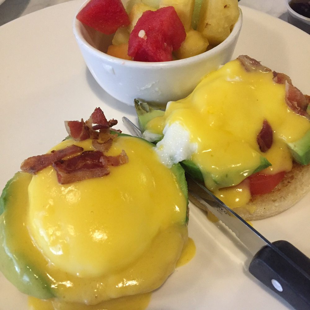 Eggsellent Cafe - Avocado Benedict with fruit - Breakfast & Brunch Near Me - Frisco, Texas