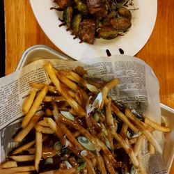 Poutine ($12.95) and Pork Belly with Brussel Sprouts ($15) appies