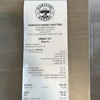 Mariachi Bakery - [RECEIPT] for:  [1] MARIACHI BOX [2] PAN DULCE [1] LECHERA LATTE w/ STRAWBERRY COLD FOAM - Coffee & Tea Near Me - Whittier, California