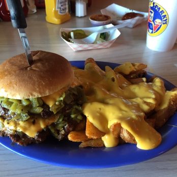 Sparkys BBQ and Espresso - Combo #5, double patty green chili cheeseburger and quest smothered fries. - Burgers Near Me - Hatch, New Mexico Sparkys BBQ and Espresso - Combo #5, double patty green chili cheeseburger and quest smothered fries. - Burgers Near Me - Hatch, New Mexico