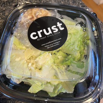 Crust Pizzeria - sub-Wawa quality prepackaged salad with little to no good green leaves, mostly chunk yellow romaine - Pizza Near Me - Havertown, Pennsylvania