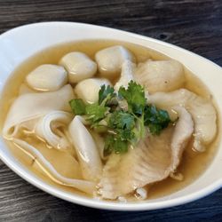 Munch Thai Food & Sweet Tea - Kuay-Teaw-Luk-Chin-Pla.  Traditional Thai breakfast food. Noodle soup with fish.