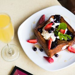 Jack Allen's Kitchen Anderson Lane - Dee Dee's Short Stack: Mascarpone stuffed Challah french toast, TX whiskey & local honey glaze, berry compote, Mexican vanilla whipped cream