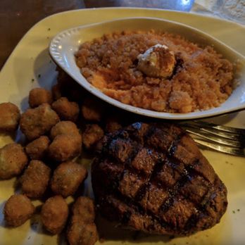 Half Shell Oyster House - Sirloin with fried okra and sweet potato soufflé - Seafood Near Me - Biloxi, Mississippi Half Shell Oyster House - Sirloin with fried okra and sweet potato soufflé - Seafood Near Me - Biloxi, Mississippi
