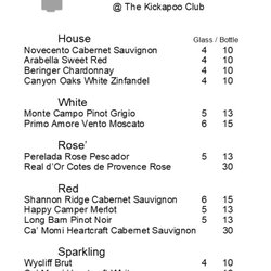 Kickapoo Club - Wine menu