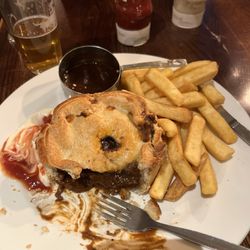 The Greystoke - Steak & Ale Pie with a merlot beef dripping gravy and chips.