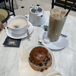 Aux Merveilleux de Fred - Ear Grey tea, chocolate brioche, and iced coffee.