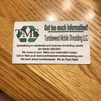 Tumbleweed Mobile Shredding - Business card! - Shredding Services Near Me