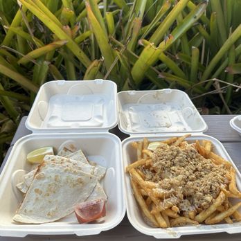 Savage Shrimp - left - pork quesadilla right - Garlic Fries - Seafood Near Me - Koloa, Hawaii Savage Shrimp - left - pork quesadilla right - Garlic Fries - Seafood Near Me - Koloa, Hawaii