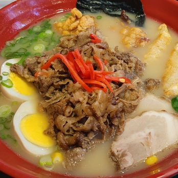 Ramen-Ya - Yokozuna Ramen: fried chicken, beef, pork chasu, gyoza, and hard boiled egg as toppings with some spinach, corn, green onions, and seaweed. - Ramen Near Me - Las Vegas, Nevada Ramen-Ya - Yokozuna Ramen: fried chicken, beef, pork chasu, gyoza, and hard boiled egg as toppings with some spinach, corn, green onions, and seaweed. - Ramen Near Me - Las Vegas, Nevada