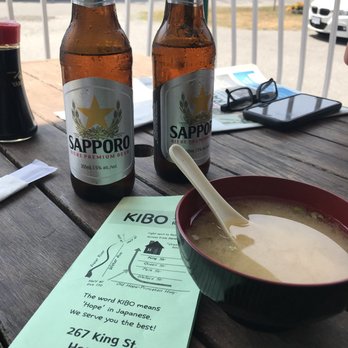 Kibo - Ice cold Sapporo on the patio deck with our Miso soup. The miso soup is homemade, you can tell with quality miso paste. - Japanese Near Me - Hope, British Columbia Kibo - Ice cold Sapporo on the patio deck with our Miso soup. The miso soup is homemade, you can tell with quality miso paste. - Japanese Near Me - Hope, British Columbia