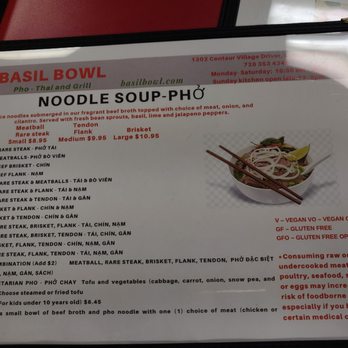 Basil Bowl - a menu for a noodle soup - Vietnamese Near Me - Lafayette, Colorado