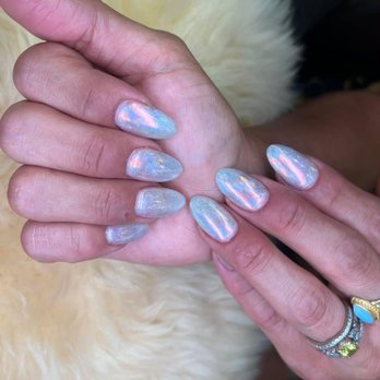 Royal nails & spa Upland - Chrome with rainbow cat eye and glittery foil on top! - Nail Salons Near Me - Upland, California