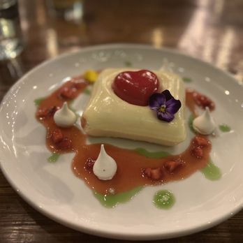 Benchmark - Valentine's Day dessert with edible  flowers - New American Near Me - Santa Ana, California