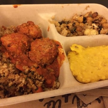 Dig Inn - a small plate of Spicy Meatballs with Chickpea Cauliflowers and Mashed Sweet Potatoes - New American Near Me - New York, New York Dig Inn - a small plate of Spicy Meatballs with Chickpea Cauliflowers and Mashed Sweet Potatoes - New American Near Me - New York, New York