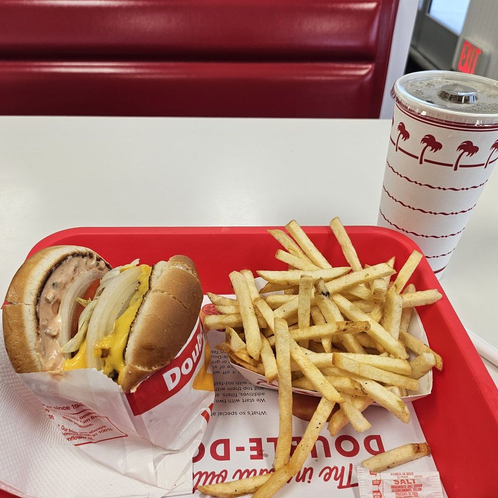 In-N-Out Burger - Double Double with Raw Onions and Fries Light Well - Burgers Near Me - Long Beach, California In-N-Out Burger - Double Double with Raw Onions and Fries Light Well - Burgers Near Me - Long Beach, California