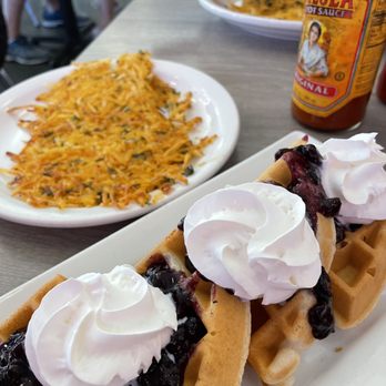 Millie's Cafe - Pasadena - Vegan Blueberry Waffles w/vegan whip topping and a side of hash browns - Breakfast & Brunch Near Me - Pasadena, California