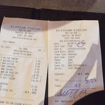 Elysian Fields - Our tab indicating we ordered our beer before the end of happy hour (6:00pm) - New American Near Me - Seattle, Washington