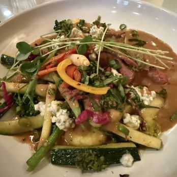 Cafe Roka - Amazing dish of vegetables on top of steak on top of raviolis! - New American Near Me - Bisbee, Arizona