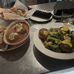 Meatballs, calamari, crab cakes Meatballs, calamari, crab cakes