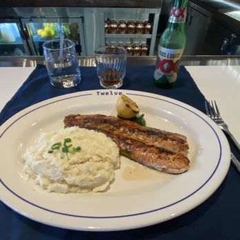 Twelve Kitchen + Cocktails - Trout w whipped potatoes - a steal at $16 - New American Near Me - Tyler, Texas Twelve Kitchen + Cocktails - Trout w whipped potatoes - a steal at $16 - New American Near Me - Tyler, Texas