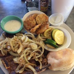 Grilled pork chops with mushrooms and onions, squash/zucchini, fried green tomatoes
