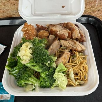 Panda Express - Plate: Grilled Teriyaki Chicken, Honey Sesame Chicken Breast, half Super Greens and Chow Mein - Chinese Near Me - Ammon, Idaho