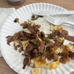 Farmers market omelet with peppers, onions, sausage, bacon and ham. I could have used some veggies but it's still yum!!