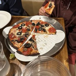 Gluten free pizza w olives mushrooms and pepperoni