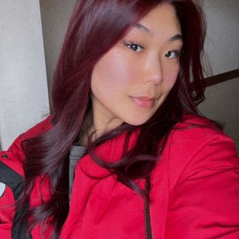 MG Hair Artistic Salon - before (brown blazer) and after (red coat + salon) - Hair Salons Near Me - Flushing, New York