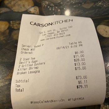 Carson Kitchen - Bill for 2 - New American Near Me - Las Vegas, Nevada