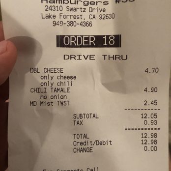 Original Tommy's - receipt. - Burgers Near Me - Lake Forest, California