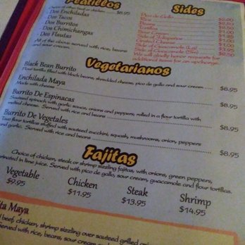 Cafe Maya - The vegetarian section of the menu - Mexican Near Me - Wappingers Falls, New York