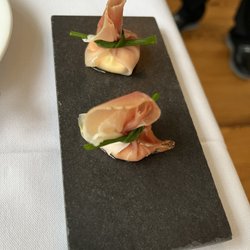 Palmetto Riverside Bed and Breakfast - Amuse bouche - "purse" of smoked prosciutto and marscapone cheese tied with chive
