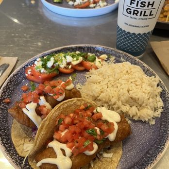 California Fish Grill - BATTERED FISH TACO COMBO with SEASONED TOMATO & FETA and WHITE RICE - Seafood Near Me - Rockville, Maryland California Fish Grill - BATTERED FISH TACO COMBO with SEASONED TOMATO & FETA and WHITE RICE - Seafood Near Me - Rockville, Maryland