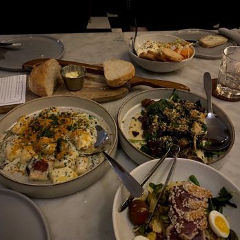 Le Mazet - (Clockwise) Bread service, maybe bitter salad (?), wild mushrooms, seared tuna, brown butter gnocchi - Wine Bars Near Me - West Hartford, Connecticut