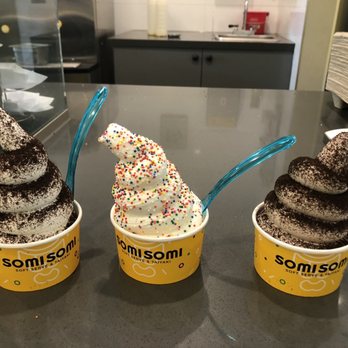 Somisomi - You are not dreaming, yes you are seeing 3 softserves. (on the right is the double threat: Cookies and cream with crushed Oreo (kapow!)) - Ice Cream & Frozen Yogurt Near Me - Pleasanton, California Somisomi - You are not dreaming, yes you are seeing 3 softserves. (on the right is the double threat: Cookies and cream with crushed Oreo (kapow!)) - Ice Cream & Frozen Yogurt Near Me - Pleasanton, California