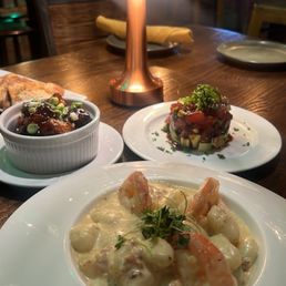 Shrimp and scallop Gnocchi, Tuna Tartare and Porkbelly Bites. Shrimp and scallop Gnocchi, Tuna Tartare and Porkbelly Bites.